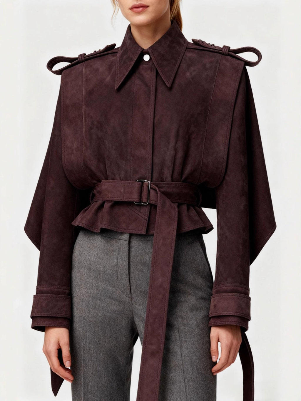 Cropped Trench Jacket Women's Belted Cape Sleeve