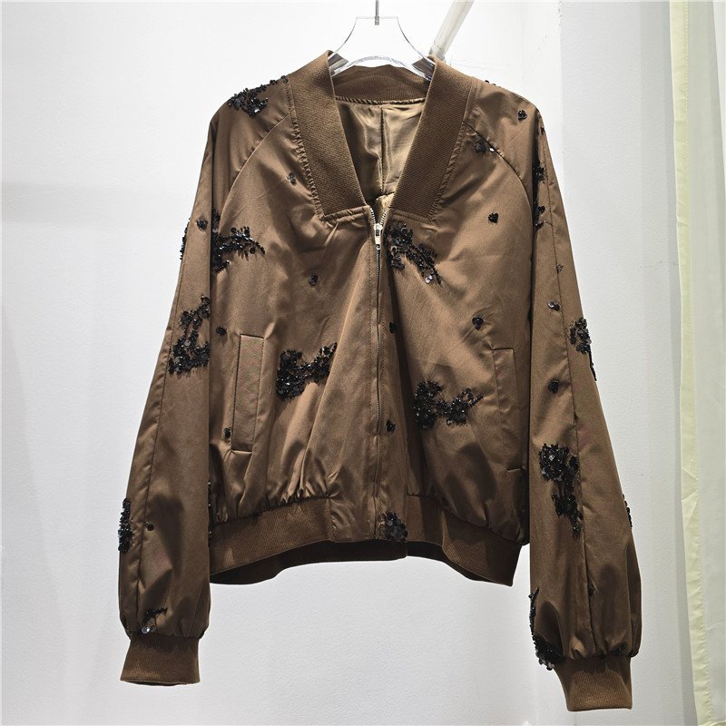 Embellished Bomber Jacket Women's Sequin Floral Zip-Up Coat