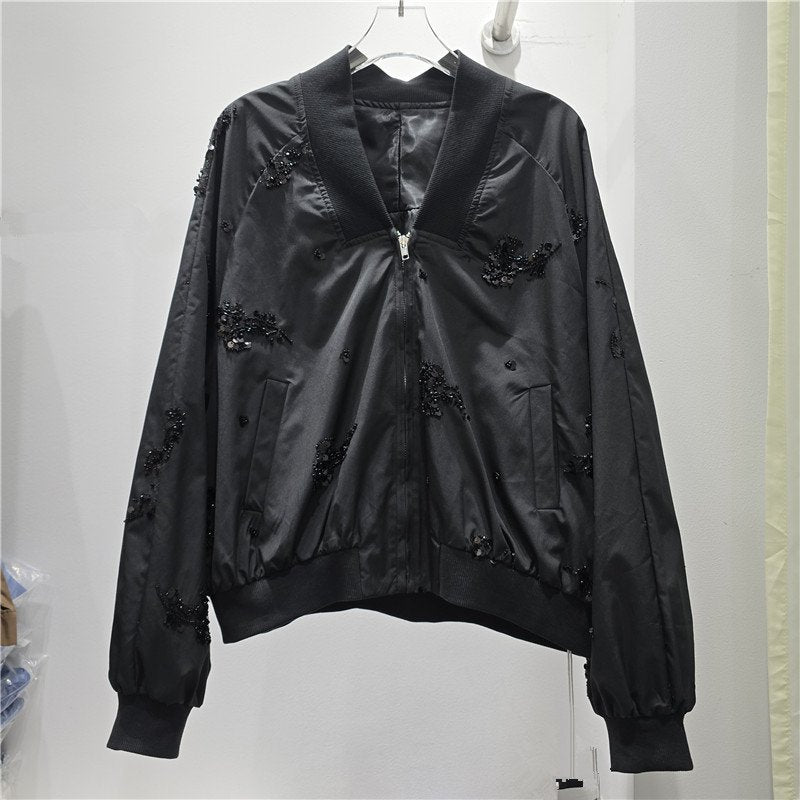 Embellished Bomber Jacket Women's Sequin Floral Zip-Up Coat - Styeenigma