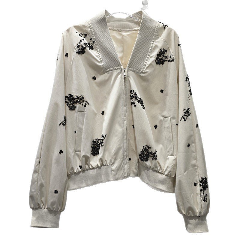 Embellished Bomber Jacket Women's Sequin Floral Zip-Up Coat - Styeenigma