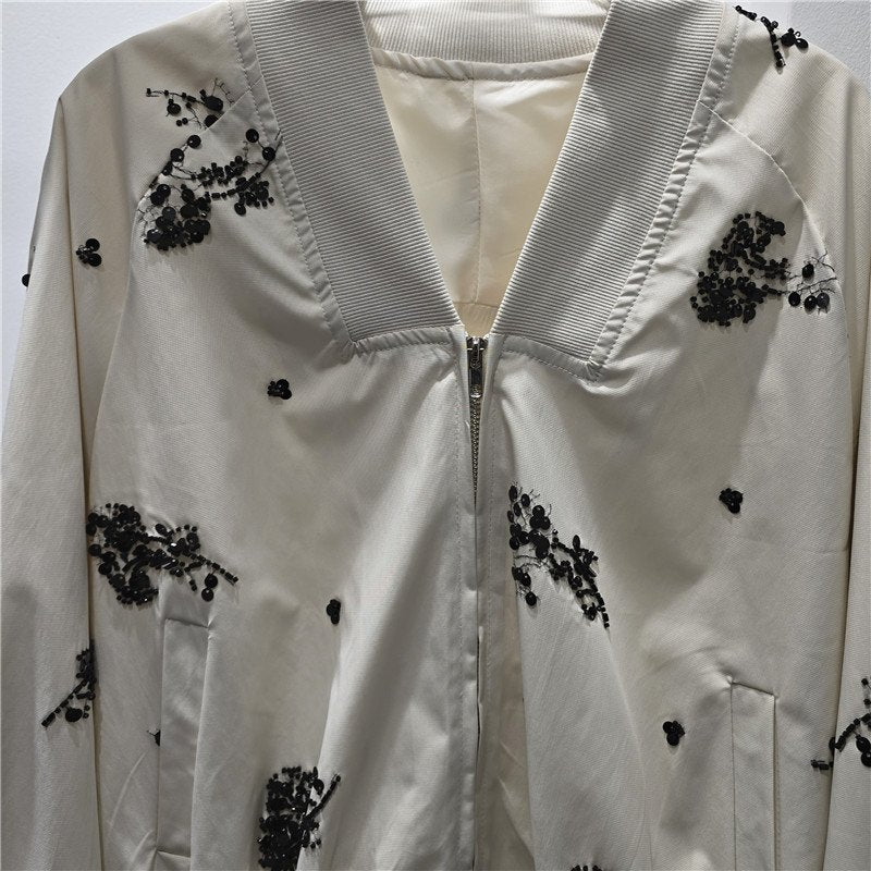 Embellished Bomber Jacket Women's Sequin Floral Zip-Up Coat
