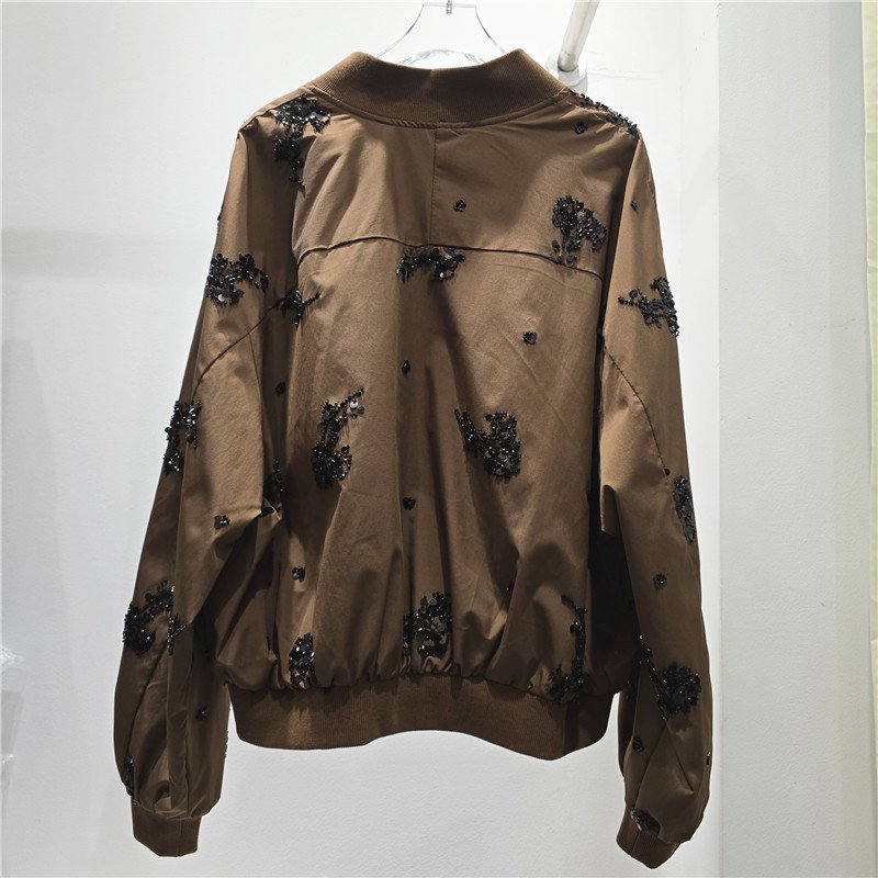 Embellished Bomber Jacket Women's Sequin Floral Zip-Up Coat