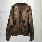 Embellished Bomber Jacket Women's Sequin Floral Zip-Up Coat