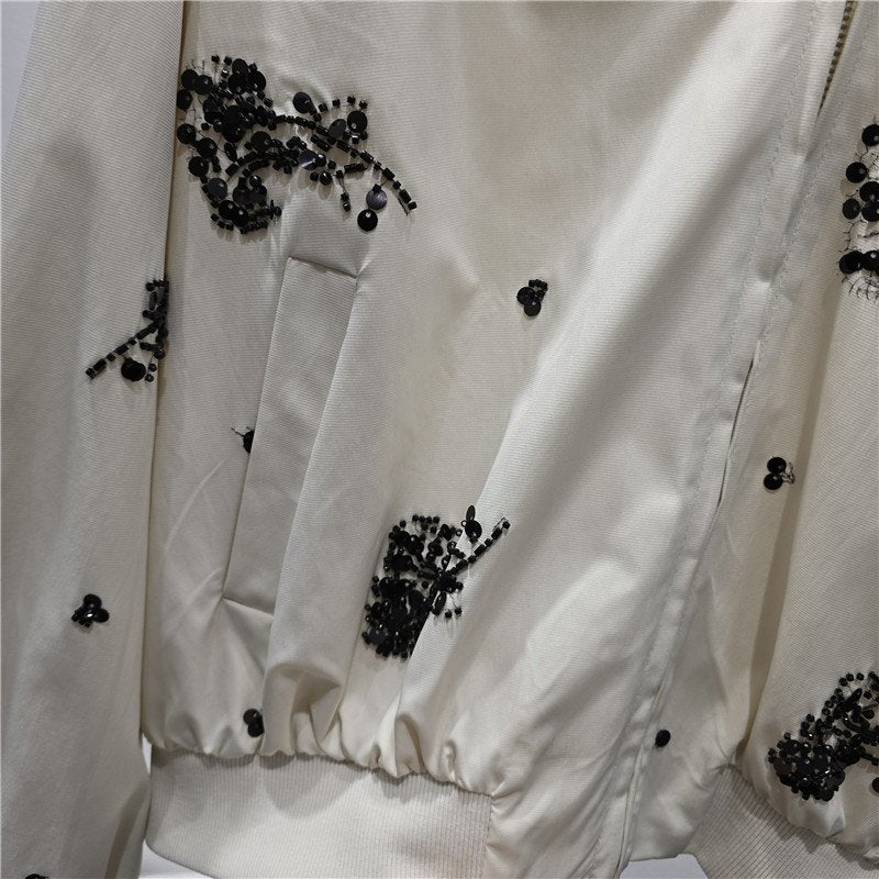 Embellished Bomber Jacket Women's Sequin Floral Zip-Up Coat