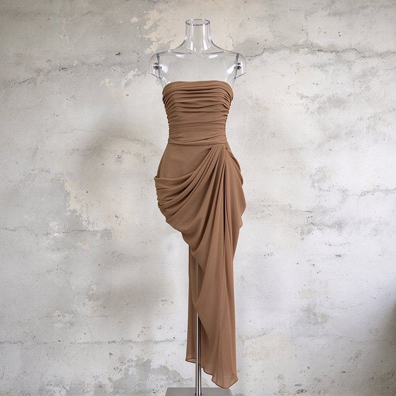 Khaki Strapless Maxi Dress Ruched Draped Bodycon Dress - Styeenigma