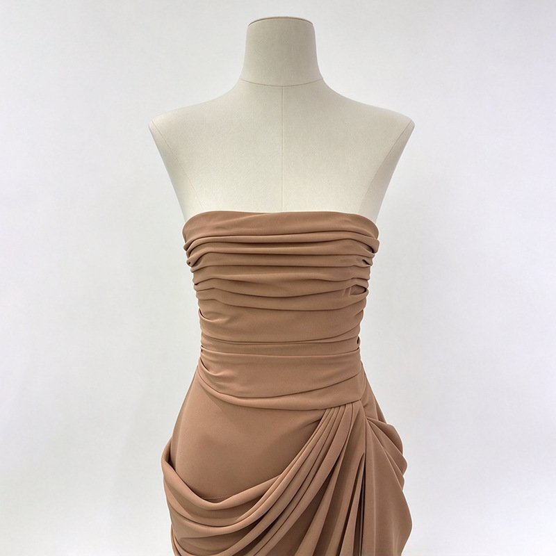 Khaki Strapless Maxi Dress Ruched Draped Bodycon Dress - Styeenigma