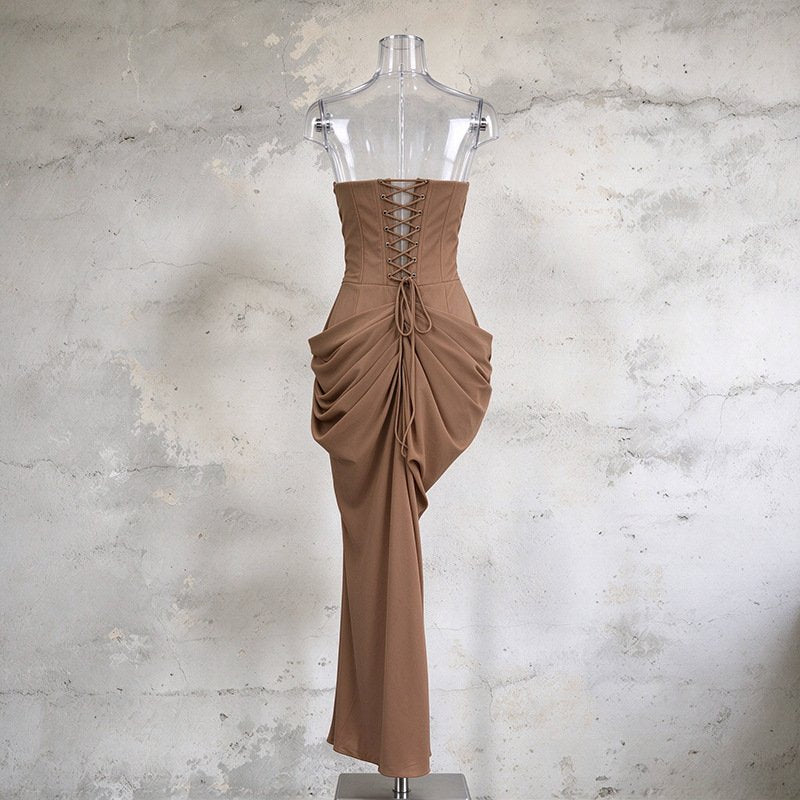 Khaki Strapless Maxi Dress Ruched Draped Bodycon Dress - Styeenigma