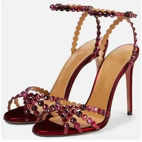 Beaded Rhinestone Heels Scalloped Ankle Strap Sandals - Styeenigma