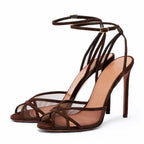 Suede Mesh Sandals Women's Strappy Stiletto Heels | Trendy Evening Shoes - Styeenigma