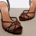 Suede Mesh Sandals Women's Strappy Stiletto Heels | Trendy Evening Shoes - Styeenigma