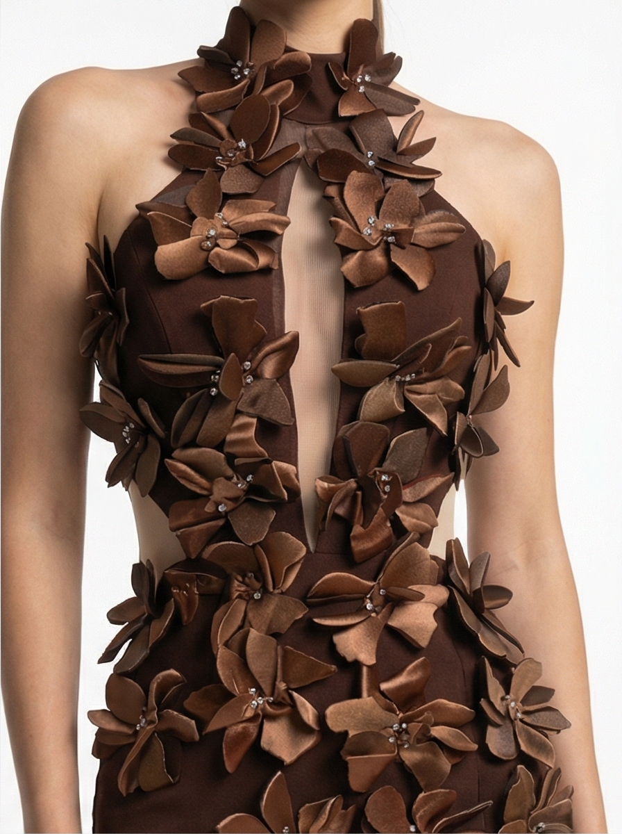 Brown floral dress on a plain background