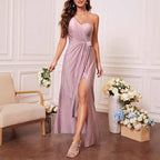 Dusty Pink One Shoulder Satin Dress Wedding Guest Formal Party - Styeenigma
