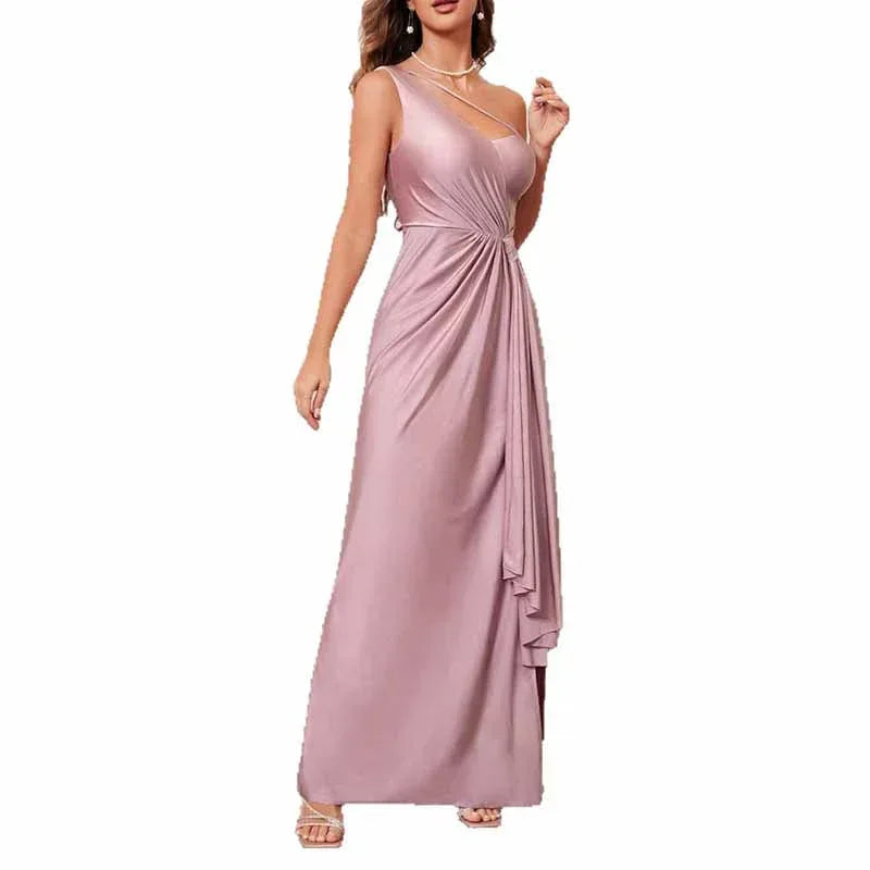 Dusty Pink One Shoulder Satin Dress Wedding Guest Formal Party - Styeenigma