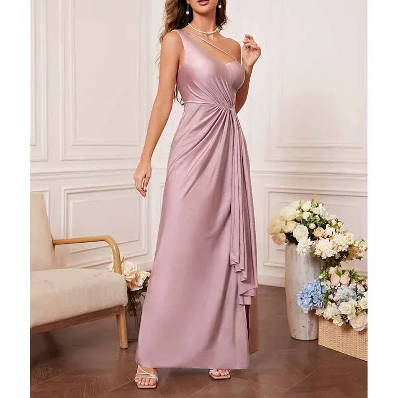 Dusty Pink One Shoulder Satin Dress Wedding Guest Formal Party - Styeenigma