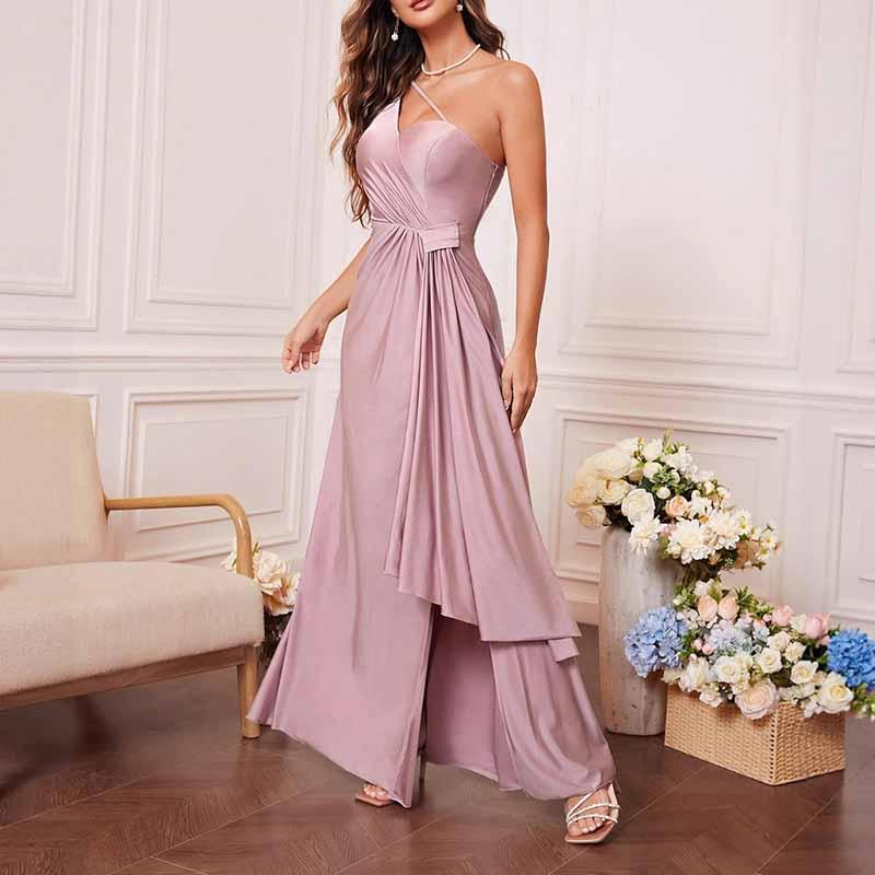Dusty Pink One Shoulder Satin Dress Wedding Guest Formal Party - Styeenigma