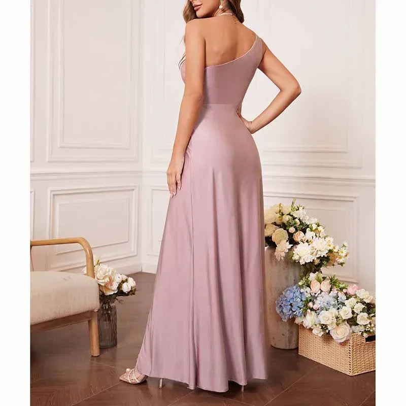 Dusty Pink One Shoulder Satin Dress Wedding Guest Formal Party - Styeenigma