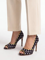 Women's Black Polka Dot Velvet Pumps Peep Toe Stiletto Heels - Styeenigma