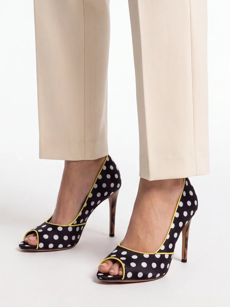 Women's Black Polka Dot Velvet Pumps Peep Toe Stiletto Heels - Styeenigma