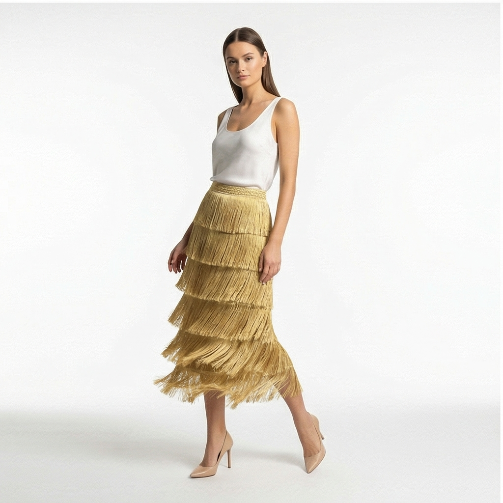 Woman wearing a white top and gold tiered skirt on a white background
