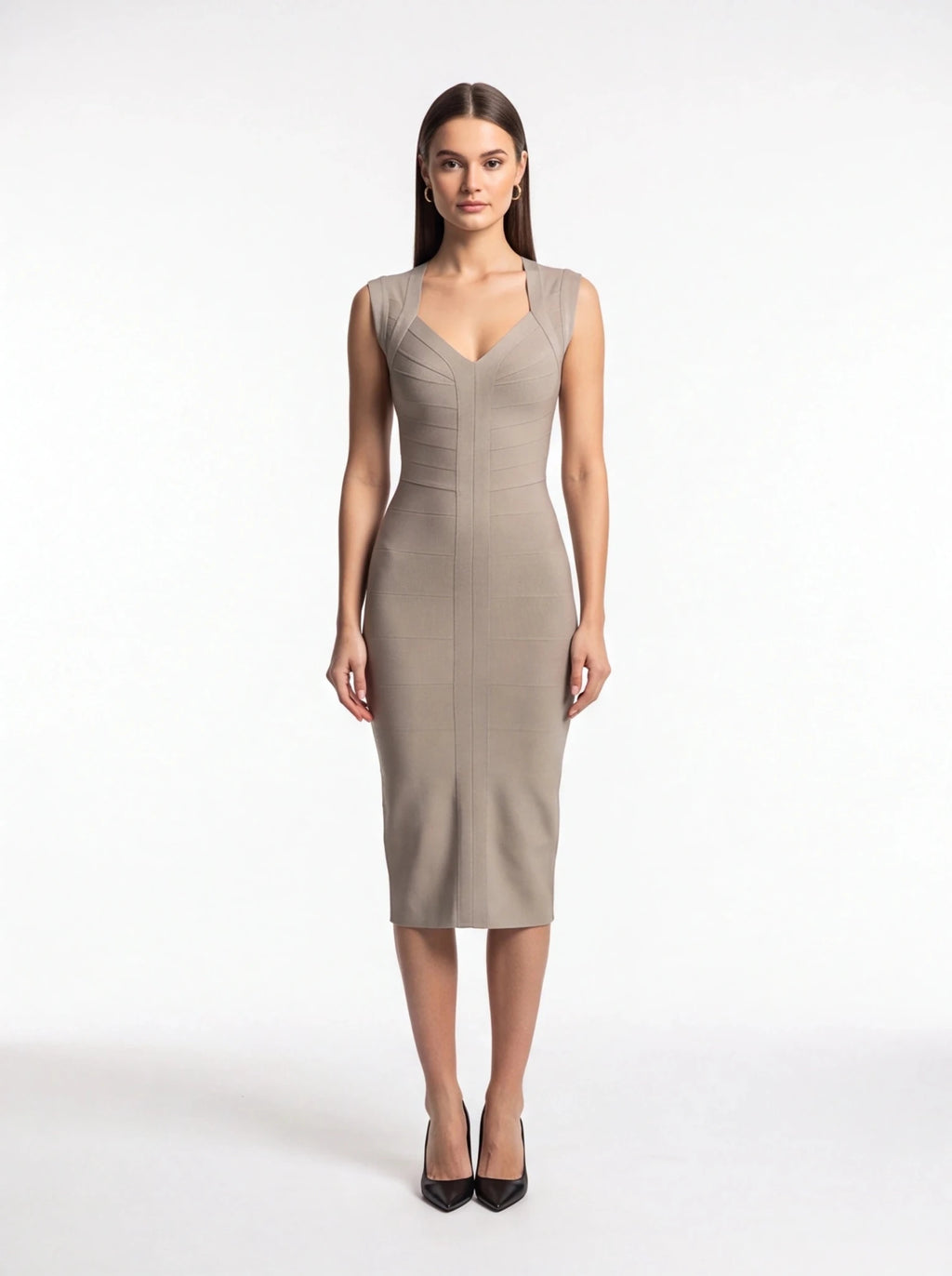 Sculpted V-Neck Midi Dress – Bodycon Ribbed Knit, Sleeveless, Elegant Cocktail Party Dress - Styeenigma