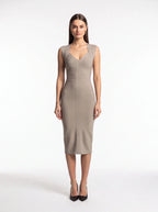 Sculpted V-Neck Midi Dress – Bodycon Ribbed Knit, Sleeveless, Elegant Cocktail Party Dress - Styeenigma