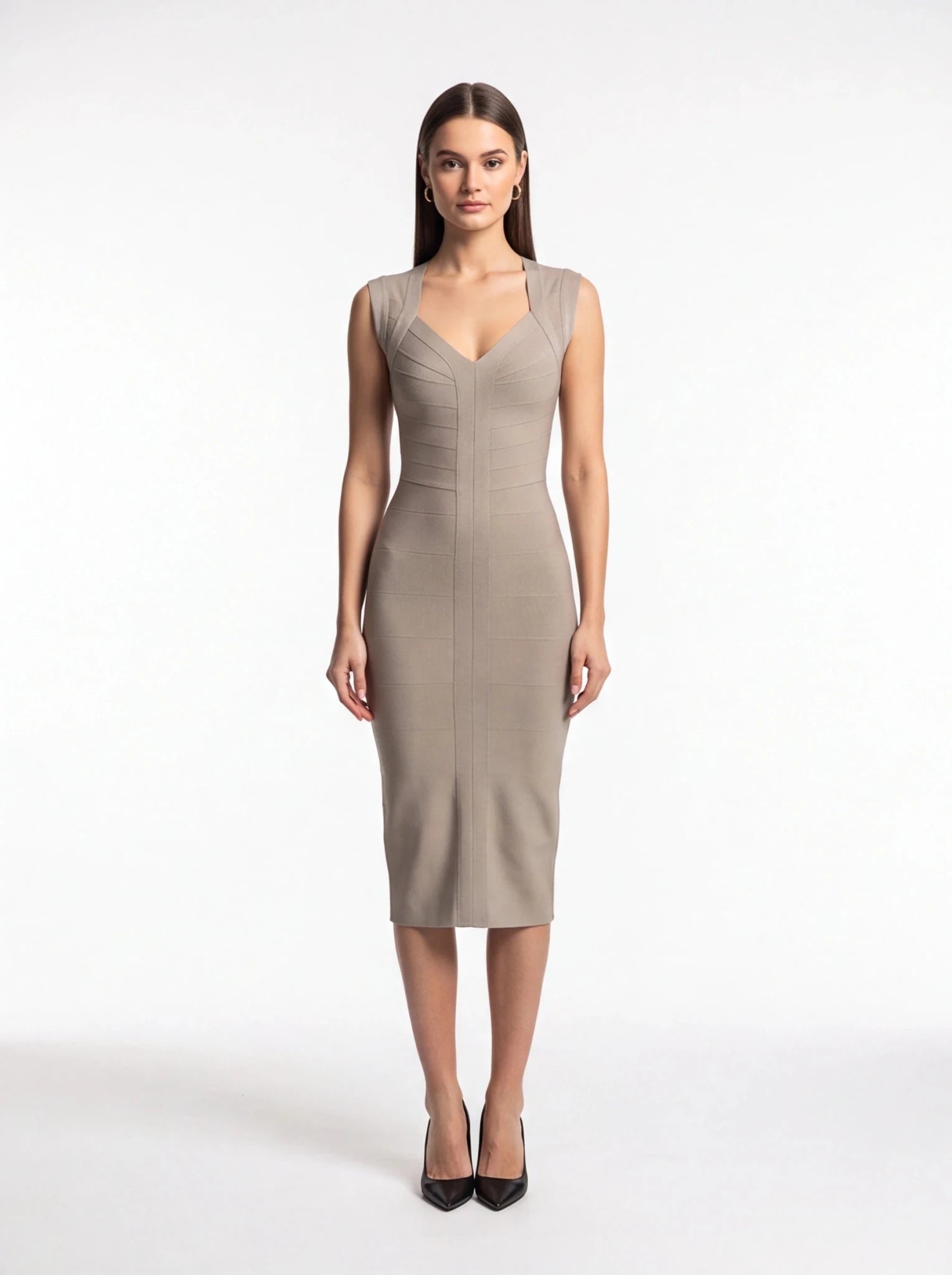 Sculpted V-Neck Midi Dress – Bodycon Ribbed Knit, Sleeveless, Elegant Cocktail Party Dress - Styeenigma