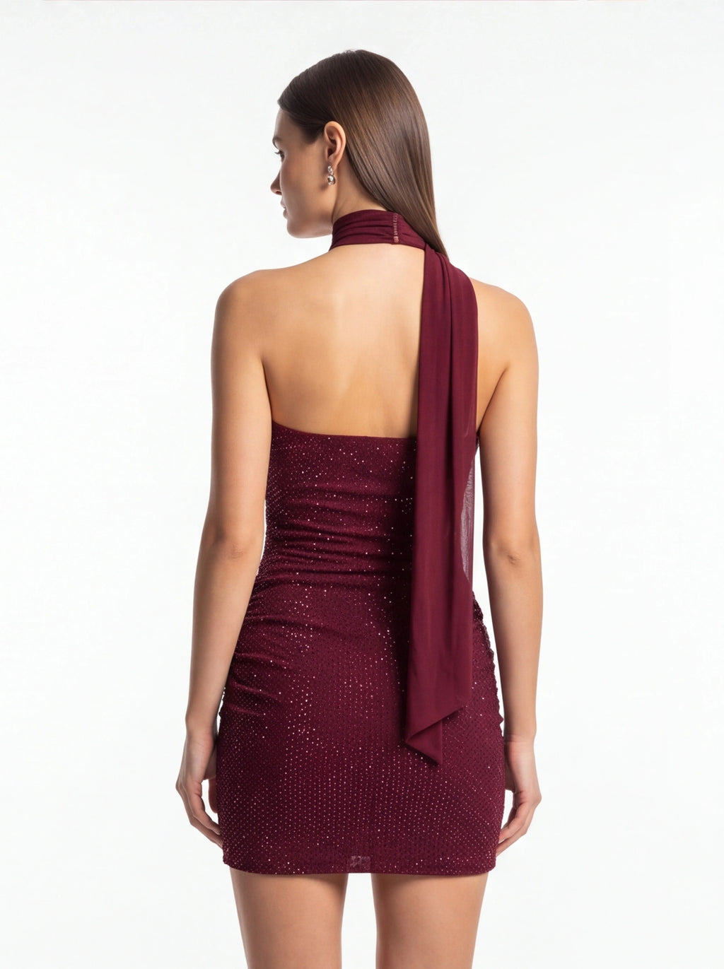 Burgundy Crystal Rhinestone Halter Mini Dress back