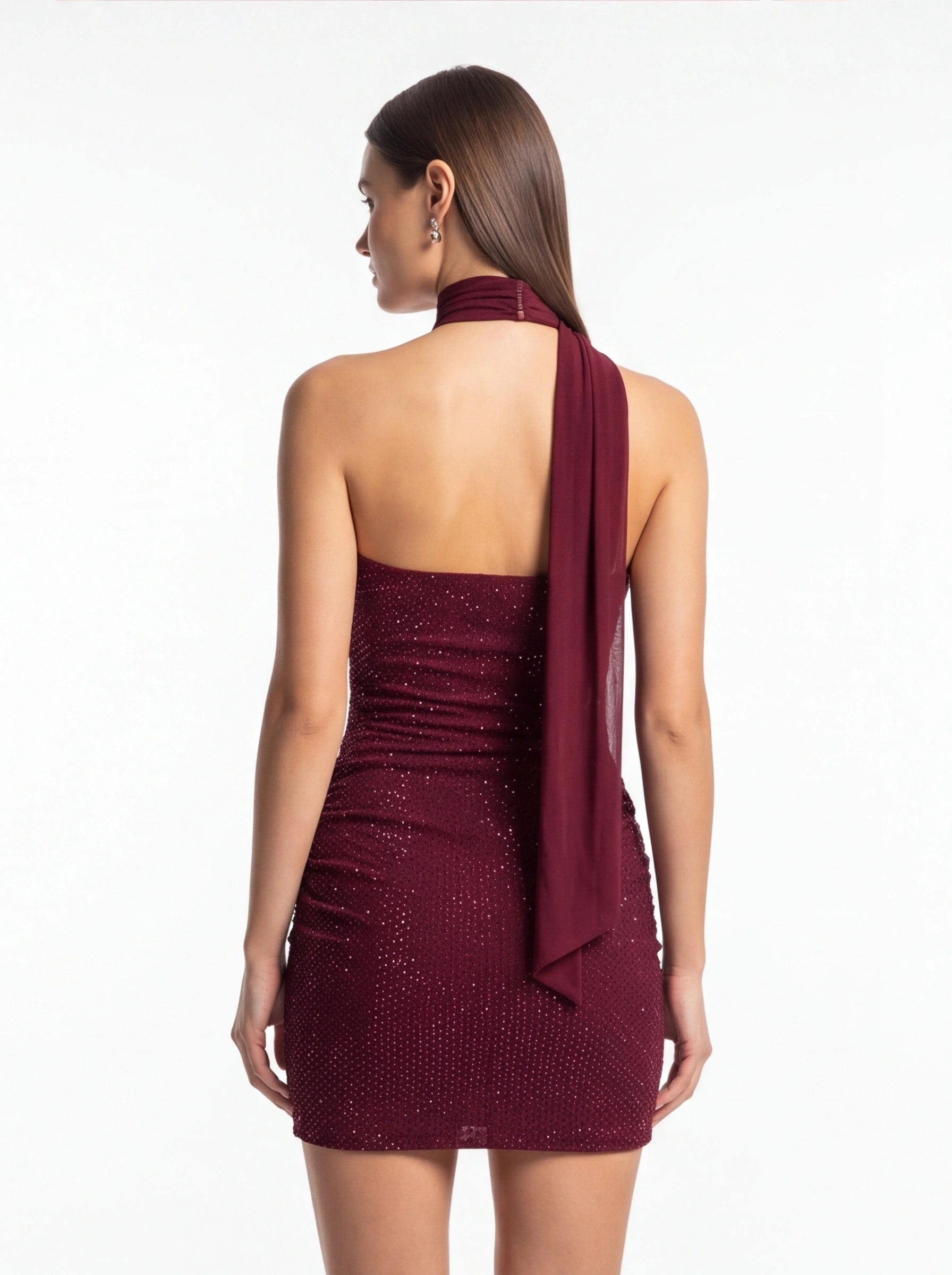 Burgundy Crystal Rhinestone Halter Mini Dress back