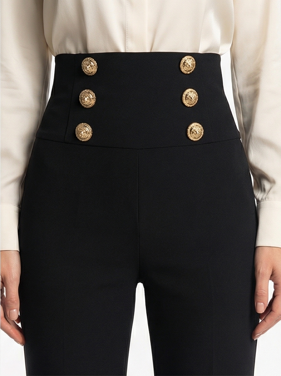 Black High-Waist Flared Trousers – Elegant Pants with Gold Buttons