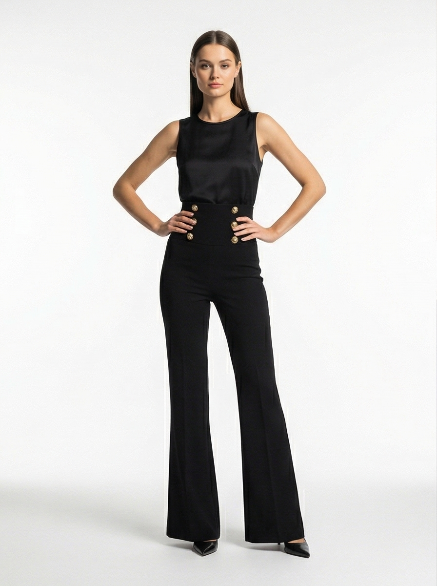 Woman wearing a black sleeveless top and black pants on a white background