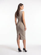 Sculpted V-Neck Midi Dress – Bodycon Ribbed Knit, Sleeveless, Elegant Cocktail Party Dress - Styeenigma