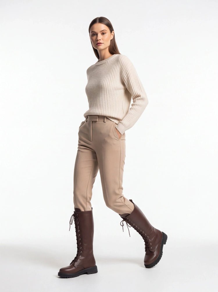 Women's Lace-Up Knee High Boots Faux Leather Chunky Sole Combat Boots - Styeenigma