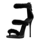 Black Faux Fur Stiletto Sandals Peep Toe Platform Party Heels - Styeenigma