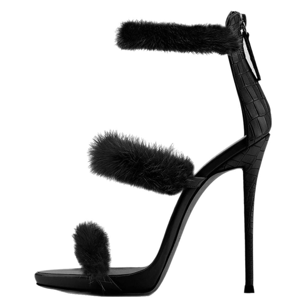 Black Faux Fur Stiletto Sandals Peep Toe Platform Party Heels - Styeenigma