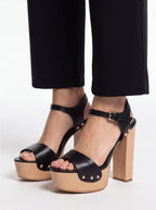 Women's Black Faux Leather Platform Heels Chunky Block High Heels Sandals - Styeenigma
