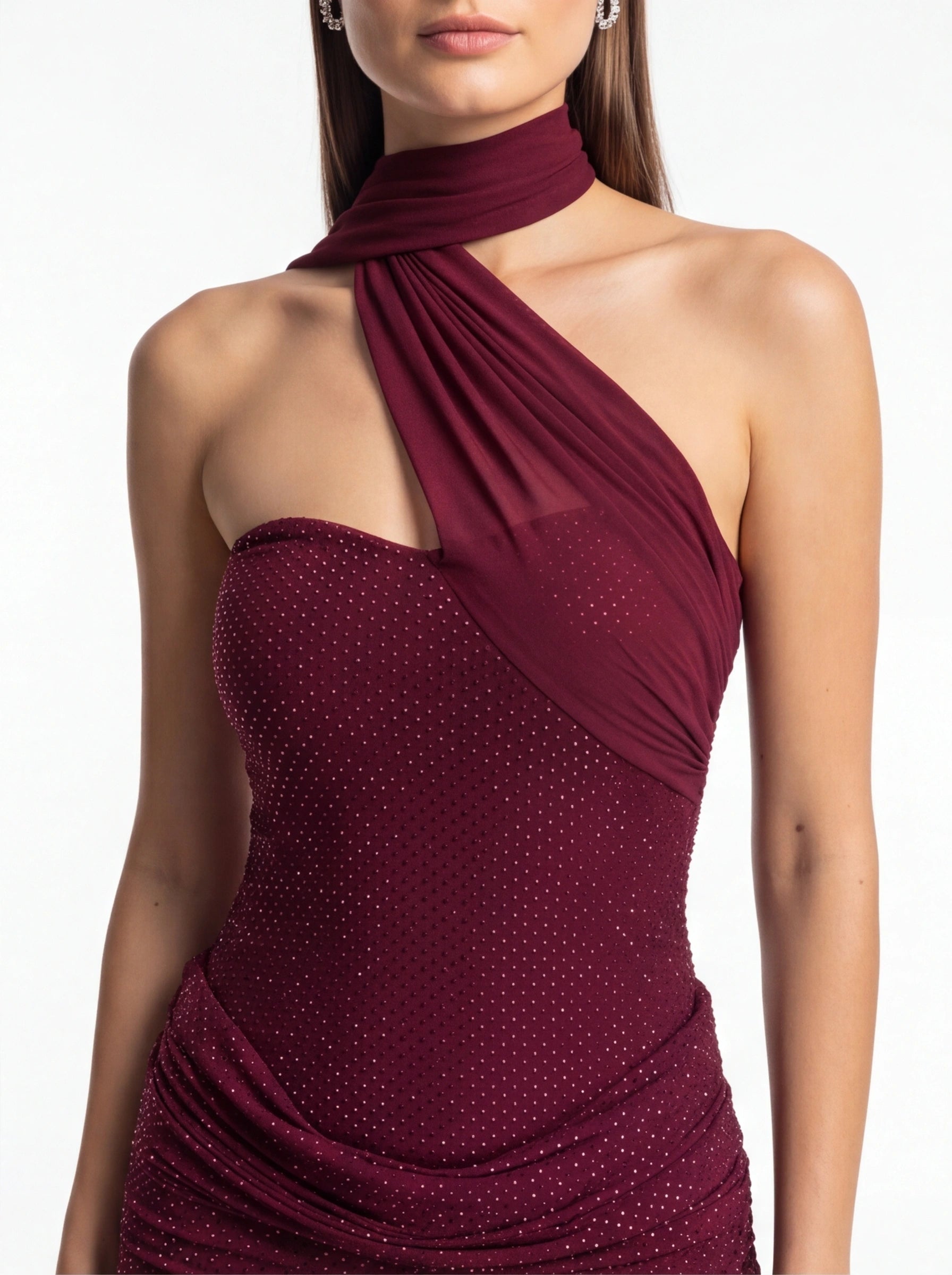 Burgundy Crystal Rhinestone Halter Mini Dress details