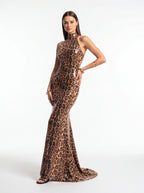 High Neck Sleeveless Leopard Print Maxi Dress | Sequin Embellished Evening Gown