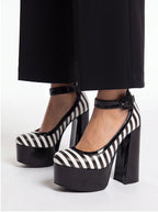 Striped Platform Mary Jane Heels for Women | Chunky Block Heel Faux Leather Pumps - Styeenigma