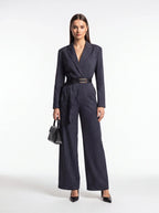 Women’s Navy Stripe Belted Jumpsuit Blazer Style Wide Leg Pants - Styeenigma