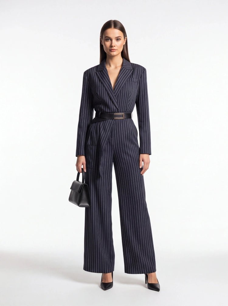 Women’s Navy Stripe Belted Jumpsuit Blazer Style Wide Leg Pants - Styeenigma