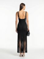 Women’s Elegant Black Fringe Bandage Maxi Dress – Square Neck Sleeveless Evening Gown