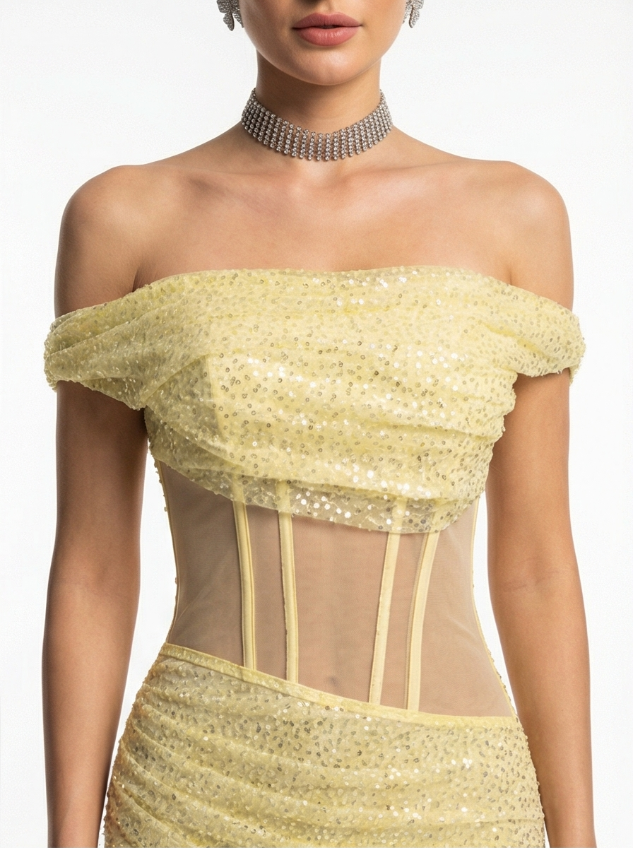 Yellow Off-Shoulder Sequin Mermaid Gown – Sheer Corset & High Slit