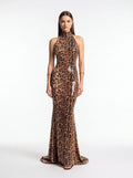 High Neck Sleeveless Leopard Print Maxi Dress | Sequin Embellished Evening Gown