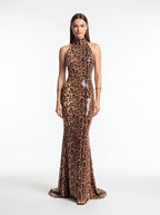 High Neck Sleeveless Leopard Print Maxi Dress | Sequin Embellished Evening Gown