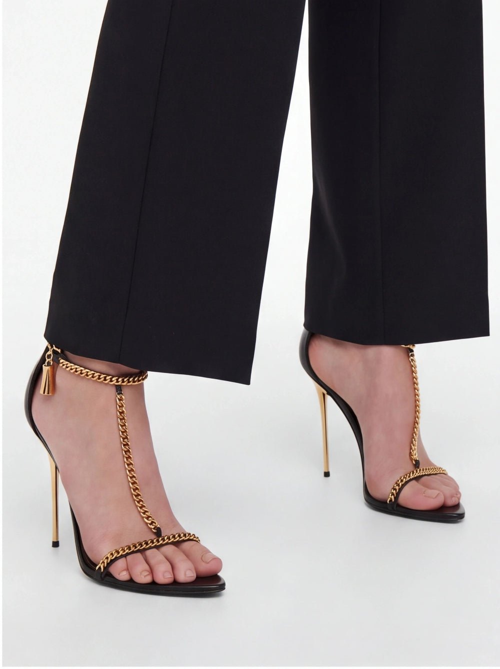 Gold Chain Stiletto Heels for Women – Metallic Sandals with Ankle Strap & Tassel Charm - Styeenigma