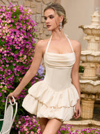 Elegant Off Shoulder Cream Mini Dress with Ruffle | Women's Party Evening Wear