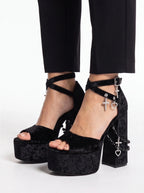 Velvet Platform Sandals - Goth Punk Chunky Heel Lace Up Heels with Cross & Charms - Styeenigma