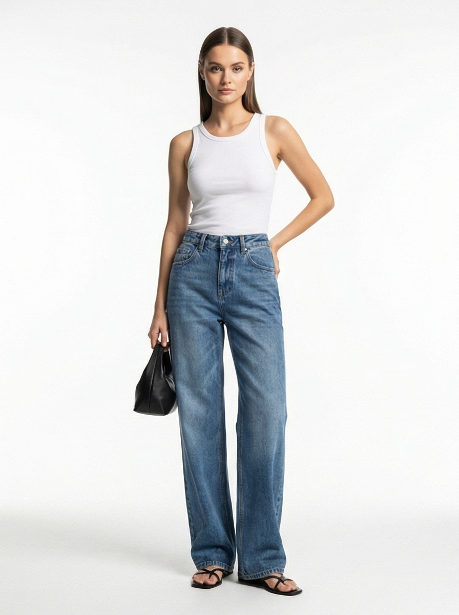 Woman wearing a white tank top and blue jeans on a white background