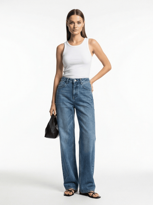 Blue High-Waisted Wide-Leg Jeans – Vintage Wash, Casual Loose Fit for Women - Styeenigma