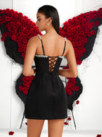 Women's Black Rhinestone Trim Halter Neck Satin Mini Dress for Party & Club